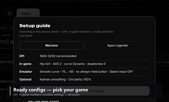 The real Inputize app in motion: the Setup guide with ready Warzone and Apex configs, one click applying the Apex template with a confirmation toast, then emulation switching on with the ONLINE overlay and a closing card — about 2 minutes, no ban, €19.99 once