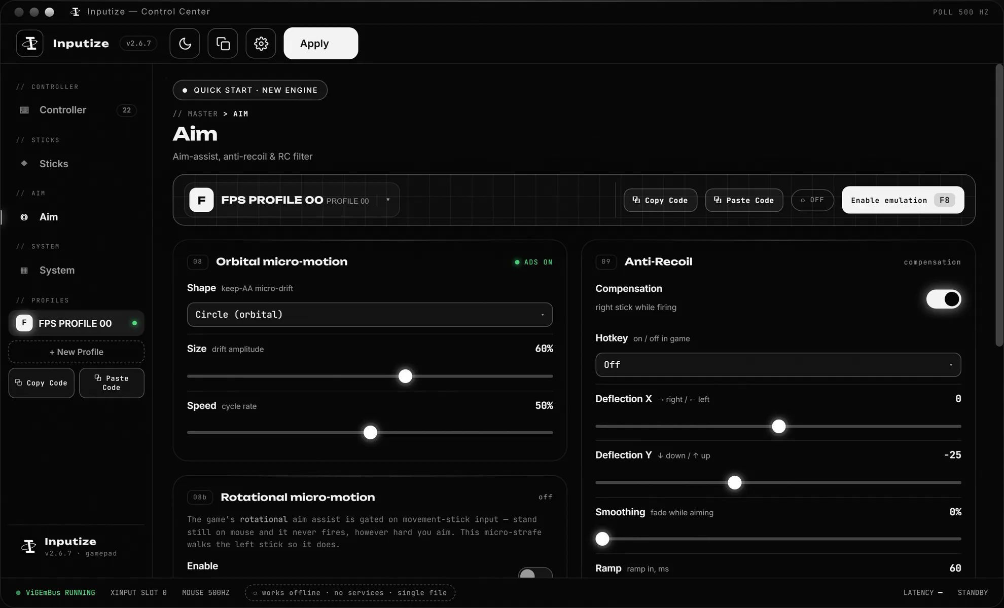 Inputize Aim view — response curves, orbital micro-motion shapes and anti-recoil compensation sliders