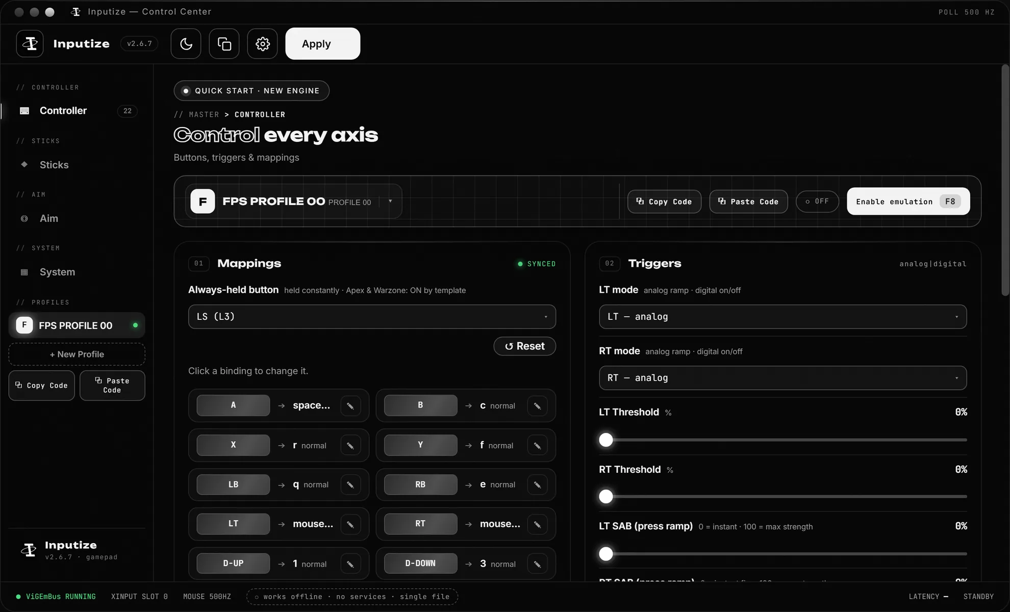 Inputize Controller view — bind every keyboard key, mouse button or mouse wheel to an Xbox button, trigger or stick click; Triggers card with analog/digital mode and SAB press ramp