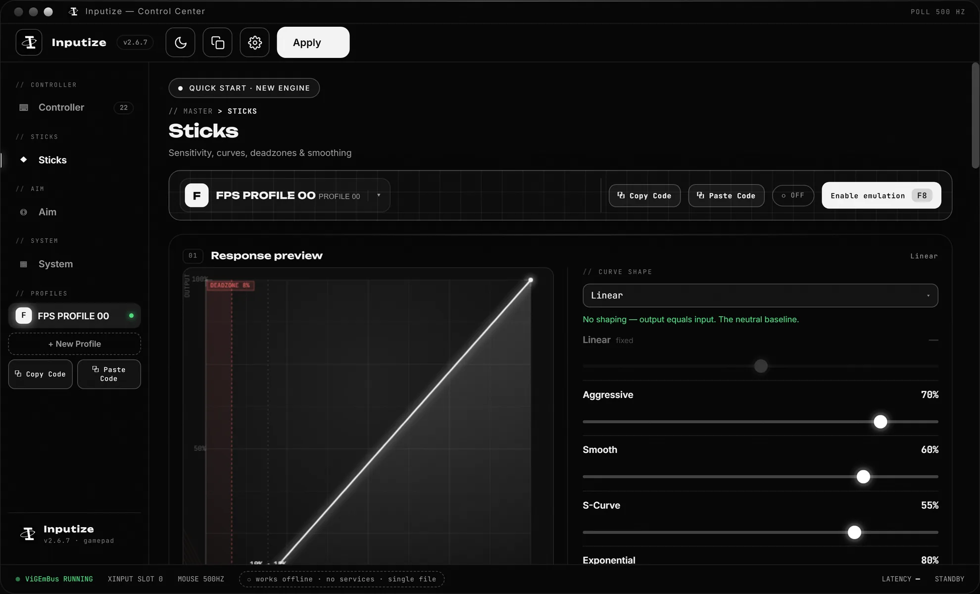 Inputize Sticks view — response curve Linear with a live input-to-output preview graph, curve presets and intensities